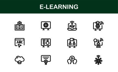 Çevrimiçi eğitim arayüzlerini, ders hazırlayıcılarını ve temiz, modern görsellere sahip sanal sınıfları yükseltmek için hazırlanmış profesyonel E-öğrenme simgesi koleksiyonu.