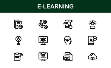Çevrimiçi eğitim arayüzlerini, ders hazırlayıcılarını ve temiz, modern görsellere sahip sanal sınıfları yükseltmek için hazırlanmış profesyonel E-öğrenme simgesi koleksiyonu.