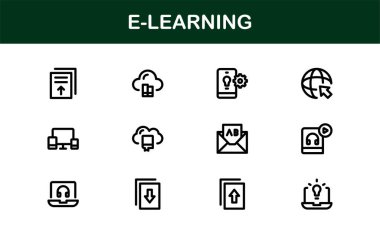 Çevrimiçi eğitim arayüzlerini, ders hazırlayıcılarını ve temiz, modern görsellere sahip sanal sınıfları yükseltmek için hazırlanmış profesyonel E-öğrenme simgesi koleksiyonu.