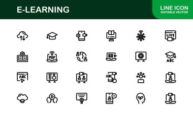 Çevrimiçi eğitim arayüzlerini, ders hazırlayıcılarını ve temiz, modern görsellere sahip sanal sınıfları yükseltmek için hazırlanmış profesyonel E-öğrenme simgesi koleksiyonu.