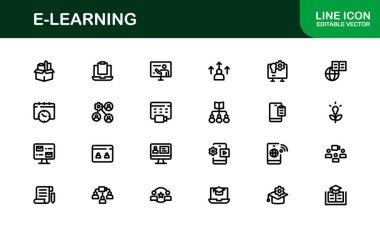 Çevrimiçi eğitim arayüzlerini, ders hazırlayıcılarını ve temiz, modern görsellere sahip sanal sınıfları yükseltmek için hazırlanmış profesyonel E-öğrenme simgesi koleksiyonu.