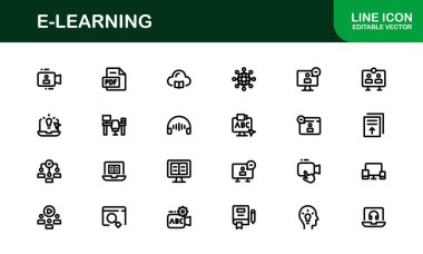 Çevrimiçi eğitim arayüzlerini, ders hazırlayıcılarını ve temiz, modern görsellere sahip sanal sınıfları yükseltmek için hazırlanmış profesyonel E-öğrenme simgesi koleksiyonu.