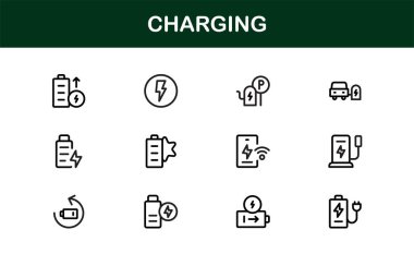 Temiz Asgari Tasarımlı Simge Seti Vektör Kalitesi ve Profesyonel Cazibe ile Teknoloji, Güç, Pil ve Enerji Projeleri İçin Mükemmel