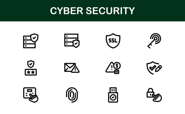 Cyber Security Icon Set in Vector Style Featuring Protection, Privacy, Firewall, and Data Safety Symbols