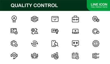 Kalite Kontrol Simgesi Seti - İş, Üretim ve Ürün Güvencesi İçin Asgari, Modern ve Çok Yönlü Sanat Resimleri