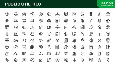Kamu Hizmetleri Simgesi Paketi. Enerji, Su Kaynakları, Atık Yönetimi ve Kentsel Altyapı için Temiz, Düzenlenebilir Satır Simgeleri