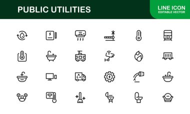 Kamu Hizmetleri Simgesi Paketi. Enerji, Su Kaynakları, Atık Yönetimi ve Kentsel Altyapı için Temiz, Düzenlenebilir Satır Simgeleri