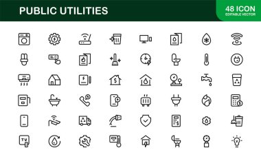 Kamu Hizmetleri Simgesi Paketi. Enerji, Su Kaynakları, Atık Yönetimi ve Kentsel Altyapı için Temiz, Düzenlenebilir Satır Simgeleri