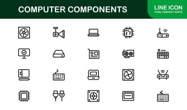Bilgisayar Bileşenleri Satırı Simgesi Modern, Donanım, Teknoloji ve Temiz Minimum Taslak Biçimli Aygıtlar için Profesyonel Vektör Simgelerini Ayarla