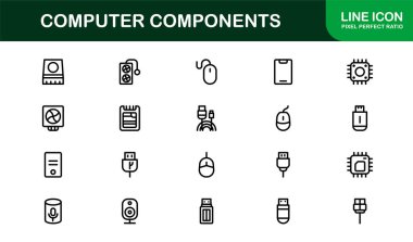 Bilgisayar Bileşenleri Satırı Simgesi Modern, Donanım, Teknoloji ve Temiz Minimum Taslak Biçimli Aygıtlar için Profesyonel Vektör Simgelerini Ayarla