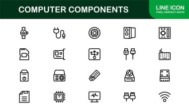 Bilgisayar Bileşenleri Satırı Simgesi Modern, Donanım, Teknoloji ve Temiz Minimum Taslak Biçimli Aygıtlar için Profesyonel Vektör Simgelerini Ayarla
