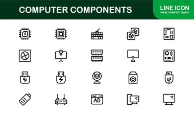 Bilgisayar Bileşenleri Satırı Simgesi Modern, Donanım, Teknoloji ve Temiz Minimum Taslak Biçimli Aygıtlar için Profesyonel Vektör Simgelerini Ayarla