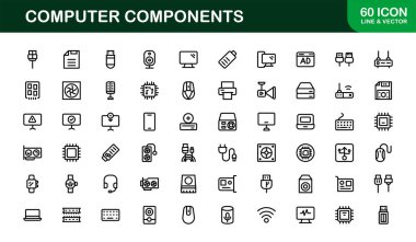 Bilgisayar Bileşenleri Satırı Simgesi Modern, Donanım, Teknoloji ve Temiz Minimum Taslak Biçimli Aygıtlar için Profesyonel Vektör Simgelerini Ayarla