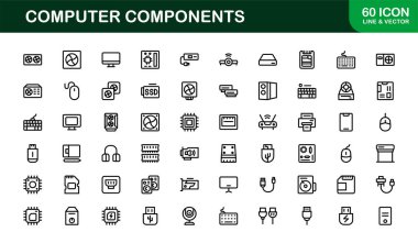 Bilgisayar Bileşenleri Satırı Simgesi Modern, Donanım, Teknoloji ve Temiz Minimum Taslak Biçimli Aygıtlar için Profesyonel Vektör Simgelerini Ayarla