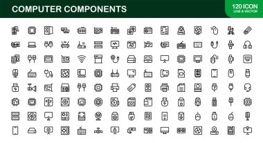 Bilgisayar Bileşenleri Satırı Simgesi Modern, Donanım, Teknoloji ve Temiz Minimum Taslak Biçimli Aygıtlar için Profesyonel Vektör Simgelerini Ayarla