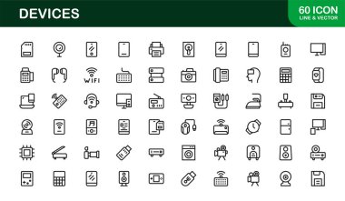 Cep telefonları, Bilgisayarlar, Smartwatches ve En Küçük Satır Sanatına sahip Elektronik aygıtların Vektör Simgesi Koleksiyonu