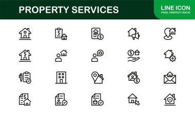 Emlak hizmetleri ikonu ev bakımını, emlak onarım desteğini ve tesis yönetimini gösteriyor. Emlak Hizmetleri Konut yardımı ve bina bakımı için Modern Profesyonel Satır Simgesi