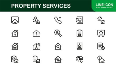 Emlak hizmetleri ikonu ev bakımını, emlak onarım desteğini ve tesis yönetimini gösteriyor. Emlak Hizmetleri Konut yardımı ve bina bakımı için Modern Profesyonel Satır Simgesi