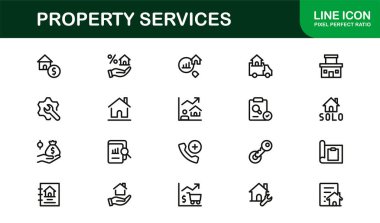 Emlak hizmetleri ikonu ev bakımını, emlak onarım desteğini ve tesis yönetimini gösteriyor. Emlak Hizmetleri Konut yardımı ve bina bakımı için Modern Profesyonel Satır Simgesi
