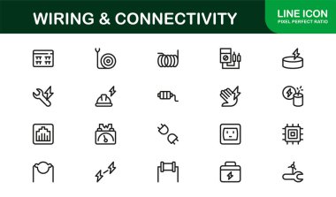 Elektrik, Devre, Güç Araçları ve Enerji Sembolleri dahil olmak üzere Kablolama ve Bağlantı Simgeleri Koleksiyonu Mükemmel