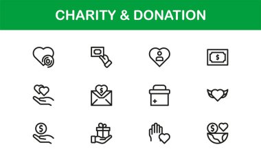 Bağış ve Bağış Simgesi Seti Bağış toplama, Verme, Yardım Elleri ve Vektör Biçiminde Destek Sembolleri