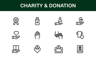 Bağış ve Bağış Simgesi Seti Bağış toplama, Verme, Yardım Elleri ve Vektör Biçiminde Destek Sembolleri