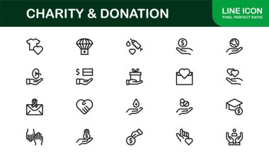 Bağış ve Bağış Simgesi Seti Bağış toplama, Verme, Yardım Elleri ve Vektör Biçiminde Destek Sembolleri