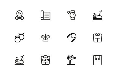 Spor Salonu Ekipmanı, Egzersiz Sembolleri ve Vektör Biçiminde Sağlıklı Yaşam Biçimi Elementleri