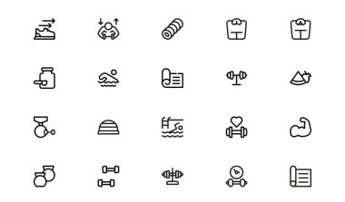 Spor Salonu Ekipmanı, Egzersiz Sembolleri ve Vektör Biçiminde Sağlıklı Yaşam Biçimi Elementleri