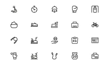 Spor Salonu Ekipmanı, Egzersiz Sembolleri ve Vektör Biçiminde Sağlıklı Yaşam Biçimi Elementleri