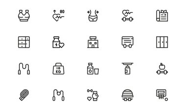 Spor Salonu Ekipmanı, Egzersiz Sembolleri ve Vektör Biçiminde Sağlıklı Yaşam Biçimi Elementleri