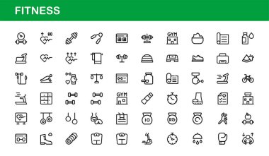 Spor Salonu Ekipmanı, Egzersiz Sembolleri ve Vektör Biçiminde Sağlıklı Yaşam Biçimi Elementleri
