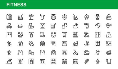 Spor Salonu Ekipmanı, Egzersiz Sembolleri ve Vektör Biçiminde Sağlıklı Yaşam Biçimi Elementleri