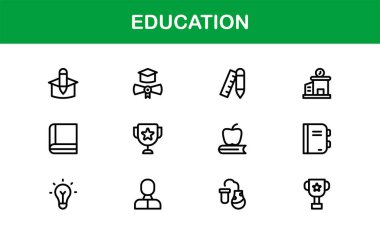 Eğitim Simgesi Seti: Öğrenme, Akademik Araştırma, Çevrimiçi Okul ve Üniversite Çalışma Araçları İçin Düz Vektör Sembolleri