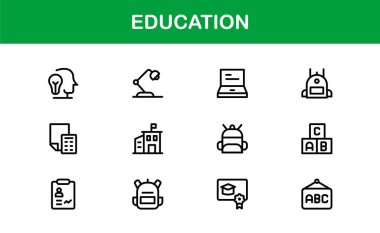 Eğitim Simgesi Seti: Öğrenme, Akademik Araştırma, Çevrimiçi Okul ve Üniversite Çalışma Araçları İçin Düz Vektör Sembolleri