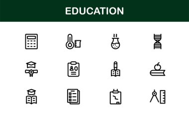 Eğitim Simgesi Seti: Öğrenme, Akademik Araştırma, Çevrimiçi Okul ve Üniversite Çalışma Araçları İçin Düz Vektör Sembolleri