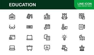 Eğitim Simgesi Seti: Öğrenme, Akademik Araştırma, Çevrimiçi Okul ve Üniversite Çalışma Araçları İçin Düz Vektör Sembolleri