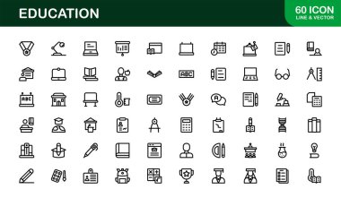Eğitim Simgesi Seti: Öğrenme, Akademik Araştırma, Çevrimiçi Okul ve Üniversite Çalışma Araçları İçin Düz Vektör Sembolleri