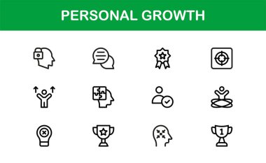 Kişisel Büyüme Simgesi Seti: Kişisel Gelişim, Zihin Seti, Hedef İzleme, Zihinsel Sağlık ve Başarı Süreci İçin Vektör Sembolleri