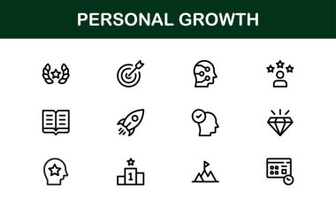 Kişisel Büyüme Simgesi Seti: Kişisel Gelişim, Zihin Seti, Hedef İzleme, Zihinsel Sağlık ve Başarı Süreci İçin Vektör Sembolleri