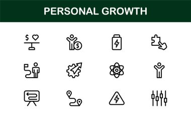 Kişisel Büyüme Simgesi Seti: Kişisel Gelişim, Zihin Seti, Hedef İzleme, Zihinsel Sağlık ve Başarı Süreci İçin Vektör Sembolleri