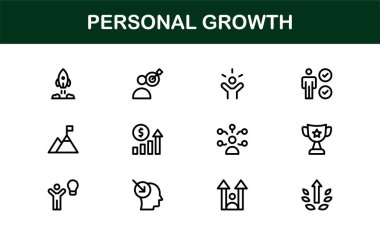 Kişisel Büyüme Simgesi Seti: Kişisel Gelişim, Zihin Seti, Hedef İzleme, Zihinsel Sağlık ve Başarı Süreci İçin Vektör Sembolleri