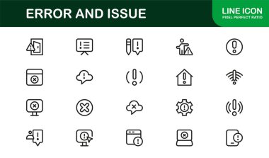 Hata ve Sorun veya Teknoloji Sembolleri Profesyonel Satır Simgesi Asgari Hata ve Konu Tasarımlarını Piksel Kusursuz, Düzenlenebilir Vektör Biçiminde Ayarlar