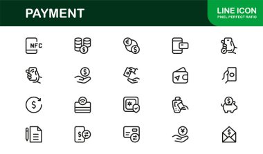 Ödeme simgeleri modern çizgi simgesi, bankacılık, kredi kartı ve işlem sembollerinin Profesyonel vektör koleksiyonunu minimal dış hatlar biçiminde ayarlar