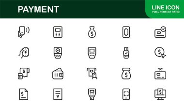 Ödeme simgeleri modern çizgi simgesi, bankacılık, kredi kartı ve işlem sembollerinin Profesyonel vektör koleksiyonunu minimal dış hatlar biçiminde ayarlar