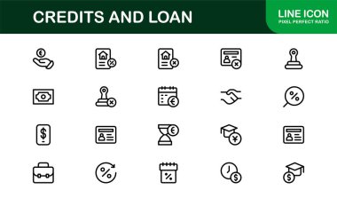 Kredi ve Kredi Modern Satır Simgesi Koleksiyonu Bankacılık Finans Borç İpoteği Kredi Puanı ve Ödeme Kavramlarını Ayarladı