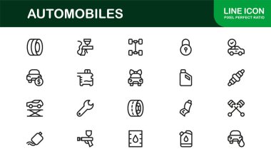 Otomobiller Modern Satır Simgesi Koleksiyonu Özelleştirilmiş Otomobiller Taşıma Aracı Araç Parçaları ve Taşınabilirlik Kavramları