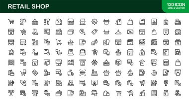Perakende Dükkanı Modern Satır Simgesi Koleksiyonu Mağaza Önünde Alışveriş Aracı Kasası Kasası Ürünleri ve Satış Konseptleri