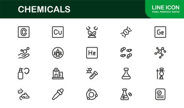 Kimyasallar Modern Satır Simgesi Koleksiyonu Laboratuvar Reaktörleri Test Tüpleri Şişeleri Tehlike Güvenliği ve Bilim Kavramları