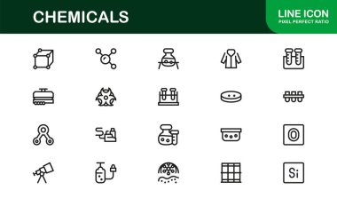 Kimyasallar Modern Satır Simgesi Koleksiyonu Laboratuvar Reaktörleri Test Tüpleri Şişeleri Tehlike Güvenliği ve Bilim Kavramları